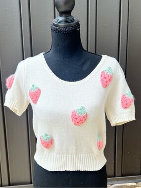 Cream Short-Sleeve Strawberry Applique Crewneck Sweater